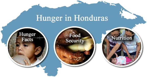 Blue map of Honduras with three icons representing Hunger Facts, Food Security and Nutrition